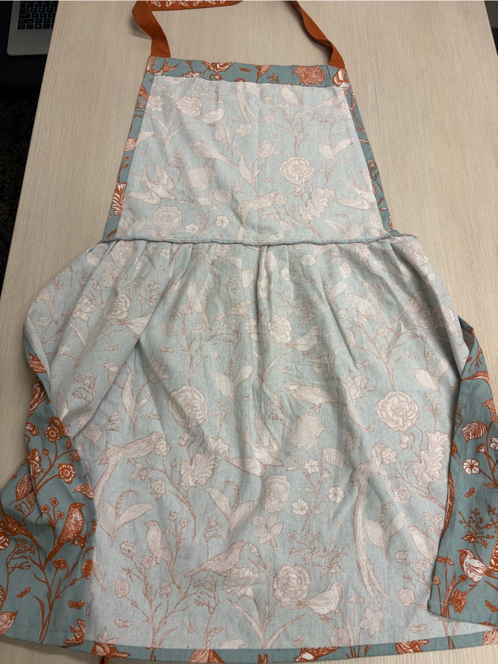World Market Apron Light Blue and Orange Floral Bird Apron with Pockets - Picture 9 of 10